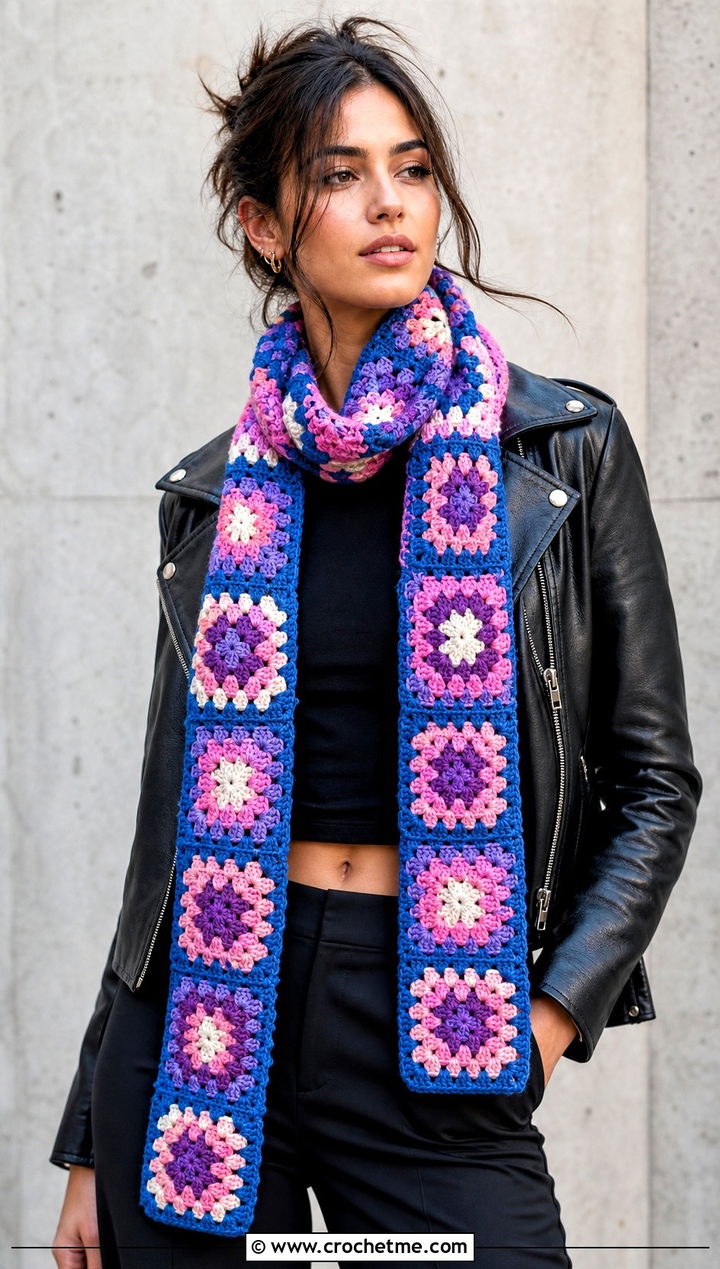 Granny Square Crochet Long Scarf With Leather Jacket And Black Pants - 25 Crochet Long Scarf outfit ideas