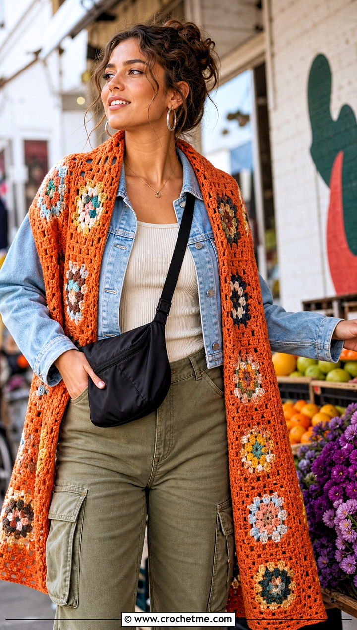 Granny Square Crochet Long Shawl With Cargo Pants - 20 Crochet Long Shawl outfit ideas