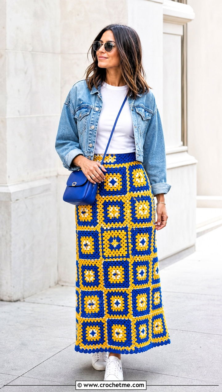 Granny Square Crochet Long Skirt With Denim Jacket - 15 Crochet Long Skirt Aesthetic outfit ideas