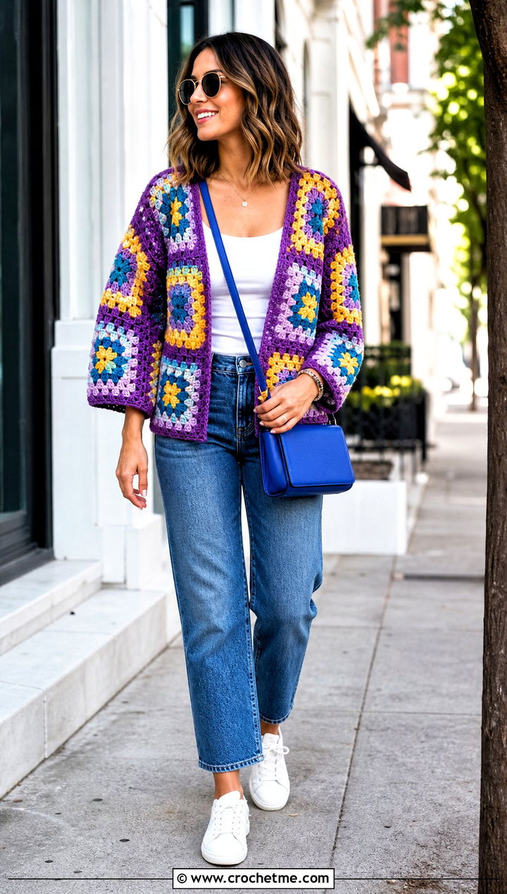 Granny Square Crochet Long Sleeve Cardigan With Straight Leg Jeans - 25 Crochet Long Sleeve Cardigan outfit ideas