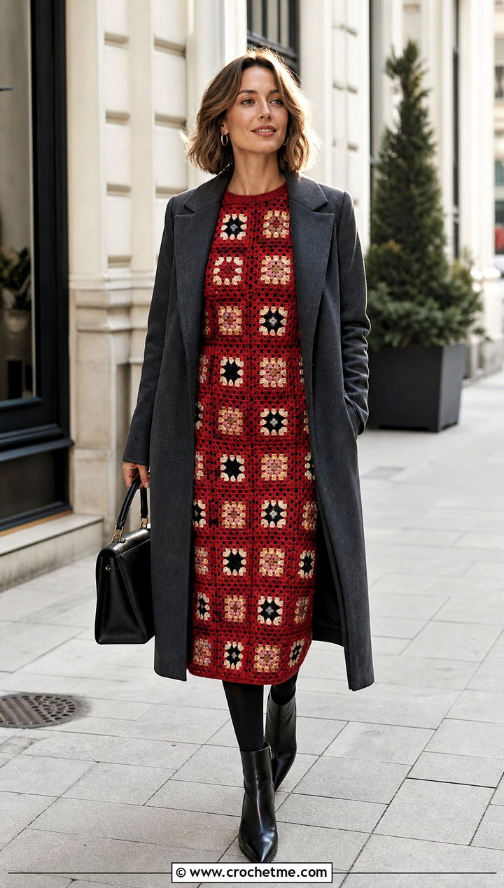 Granny Square Crochet Long Sleeve Dress With Tailored Coat - 25 Granny Square Crochet Dress outfit ideas