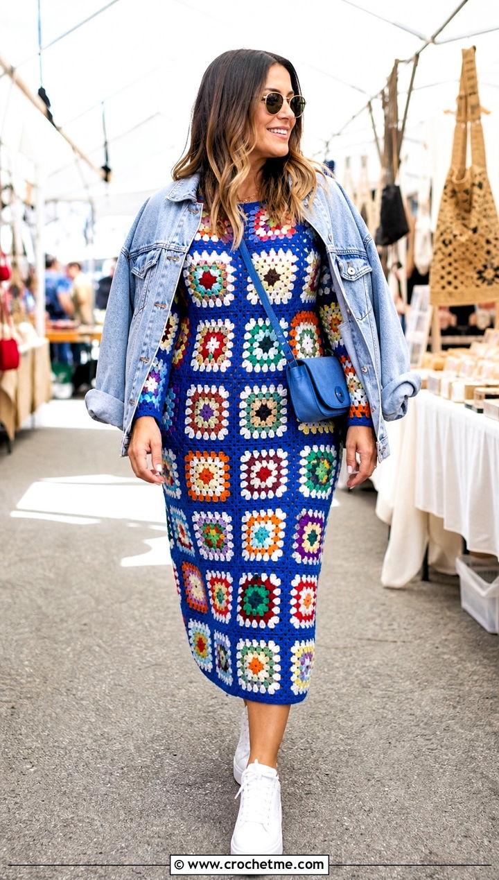 Granny Square Crochet Long Sleeve Midi Dress With Denim Jacket - 25 crochet long sleeve dress outfit ideas