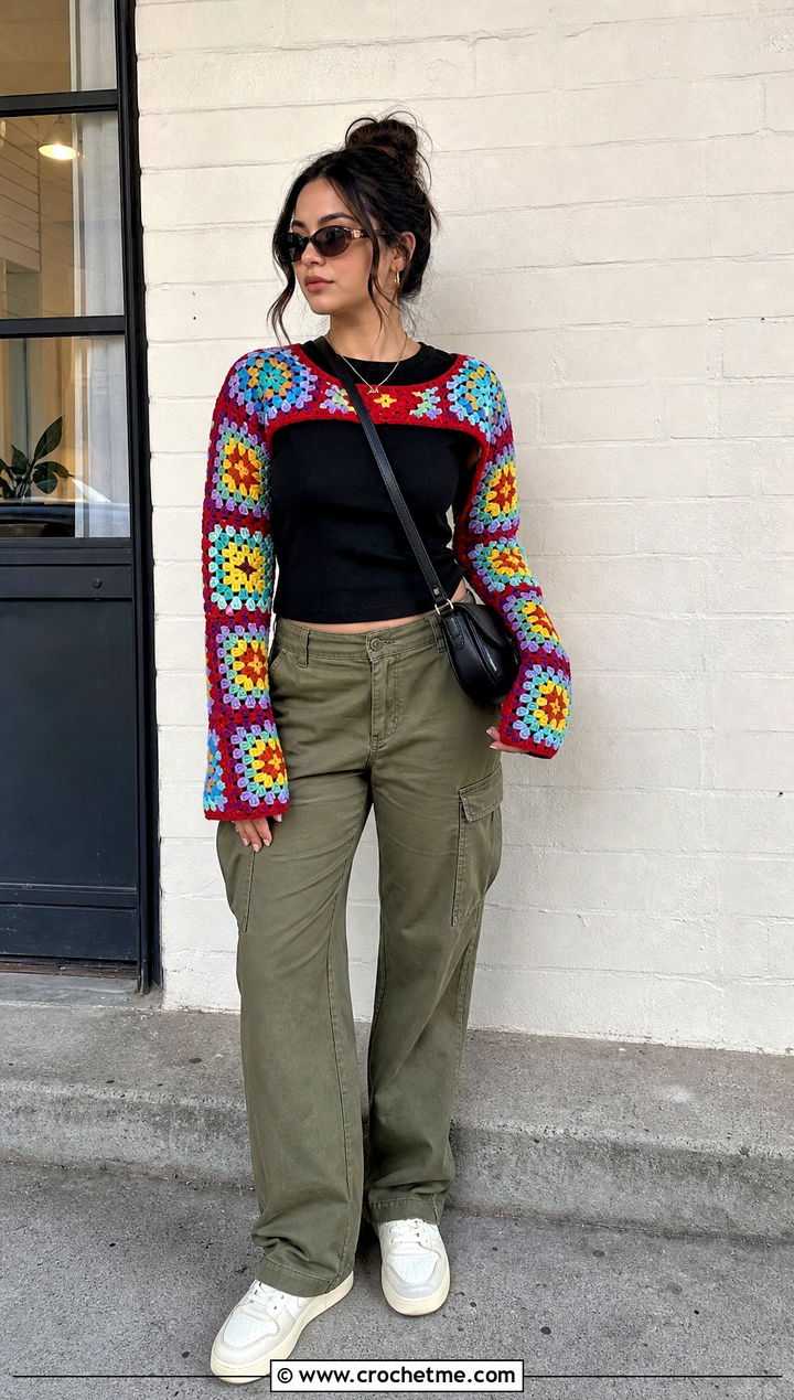 Granny Square Crochet Long Sleeve Shrug With Cargo Pants - 30 crochet long sleeve shrug outfit ideas