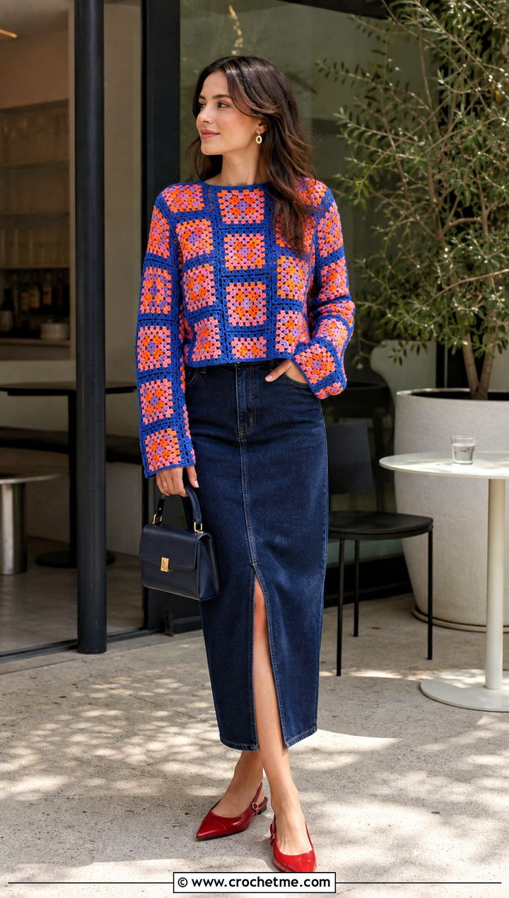 Granny Square Crochet Long Sleeve Top With Denim Skirt - 35 crochet long sleeve tops outfit ideas