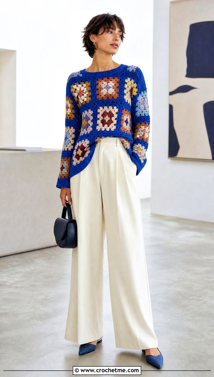 Granny Square Crochet Long Sleeve Tunic With Wide Leg Trousers - 15 Crochet Long Sleeve Tunic outfit ideas