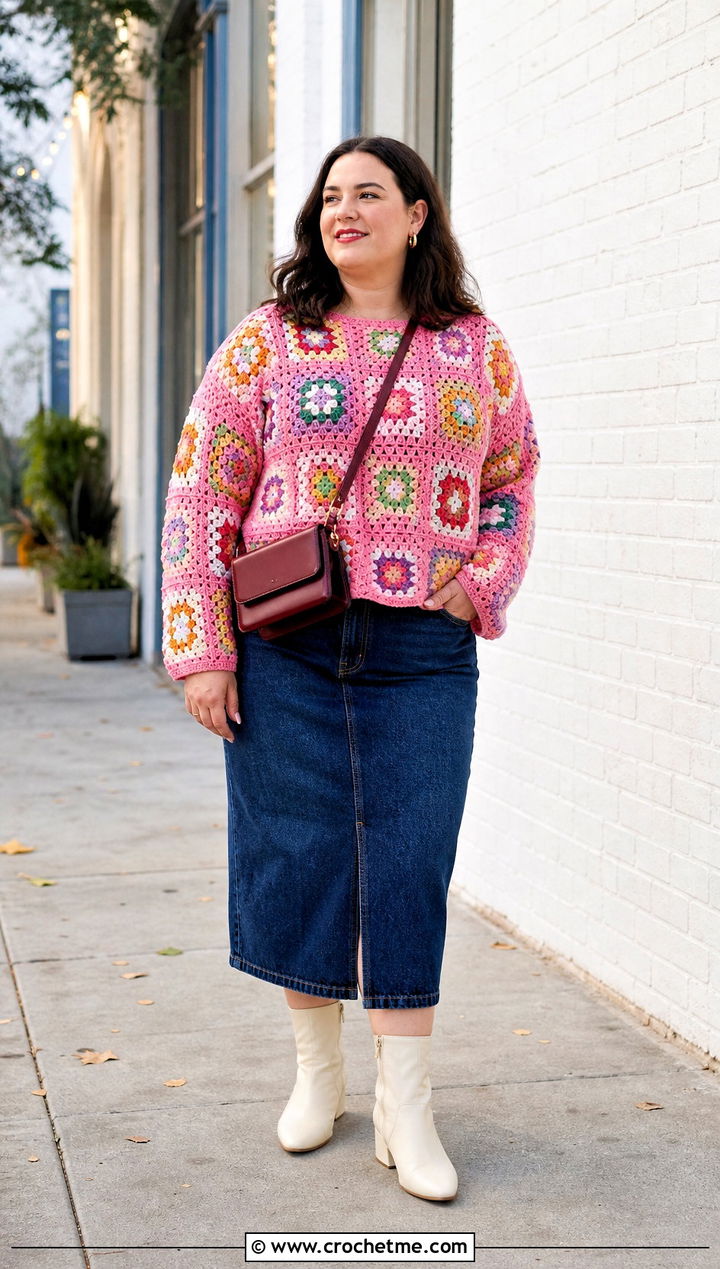Granny Square Crochet Long Sleeved Top With Denim Midi Skirt - 25 Crochet Long Sleeved Top outfit ideas