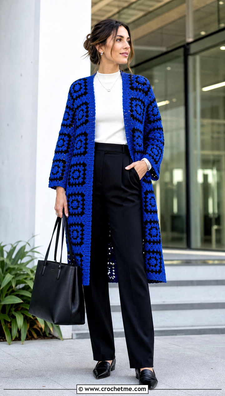 Granny Square Crochet Long Sweater With Tailored Trousers - 35 crochet long sweater outfit ideas