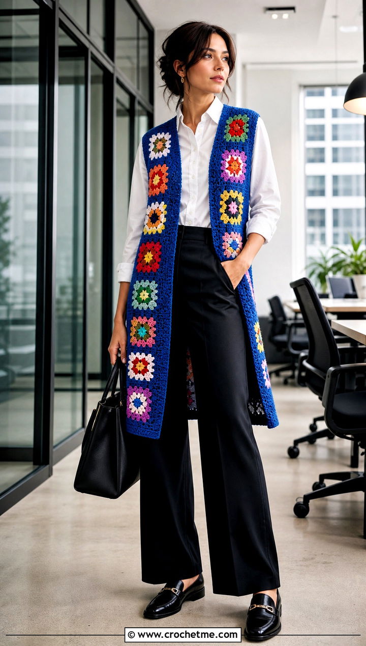 Granny Square Crochet Long Vest With Tailored Trousers - 25 Easy Crochet Long Vest outfit ideas