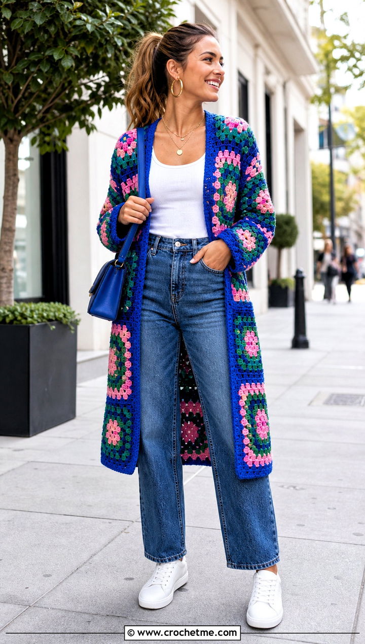 Granny Square Crochet Longline Cardigan With Straight Jeans - 20 Crochet Longline Cardigan outfit ideas