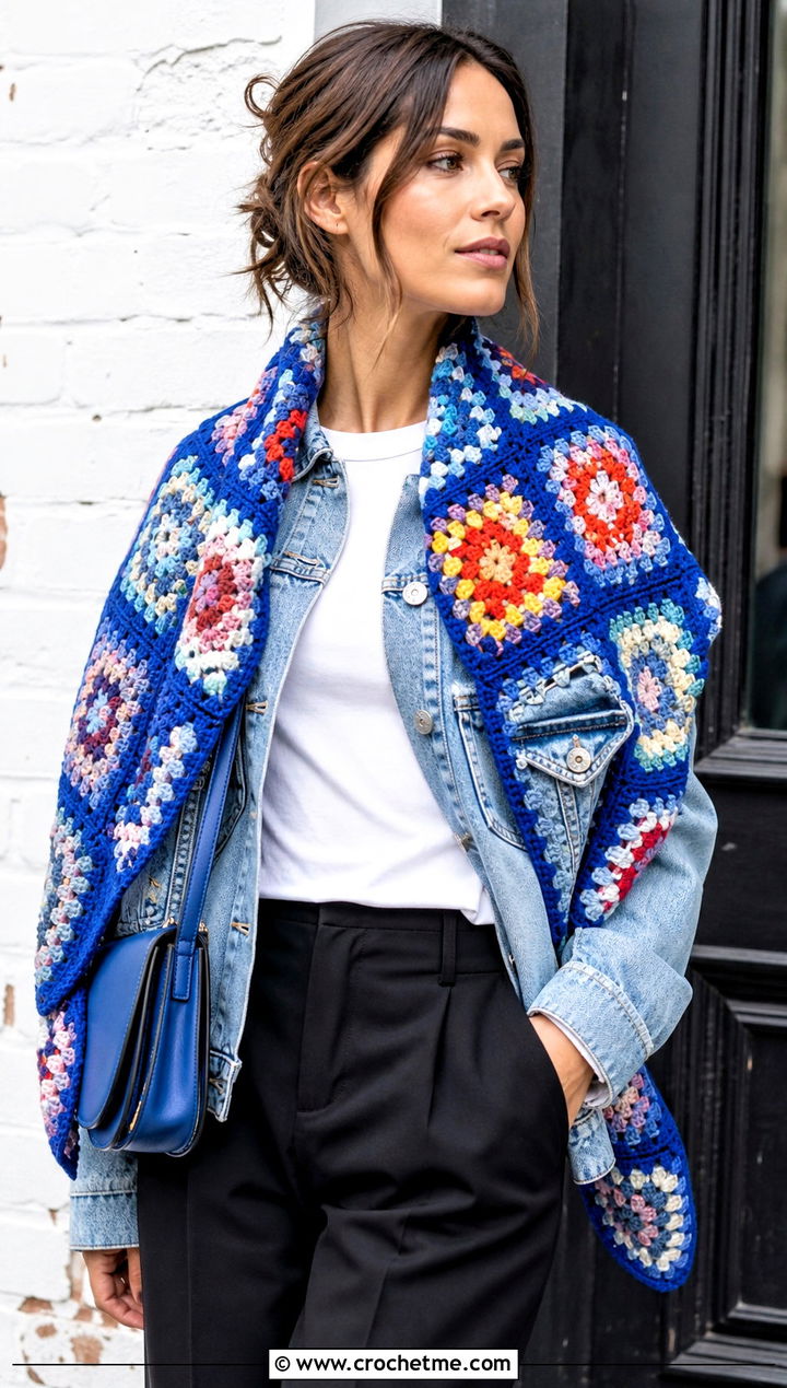 Granny Square Crochet Mantle Scarf With Denim Jacket And Trousers - 20 Crochet Mantle Scarf outfit ideas