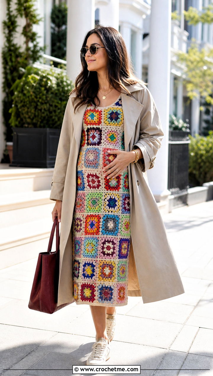 Granny Square Crochet Maternity Midi Dress With Trench Coat - 25 crochet maternity dress outfit ideas