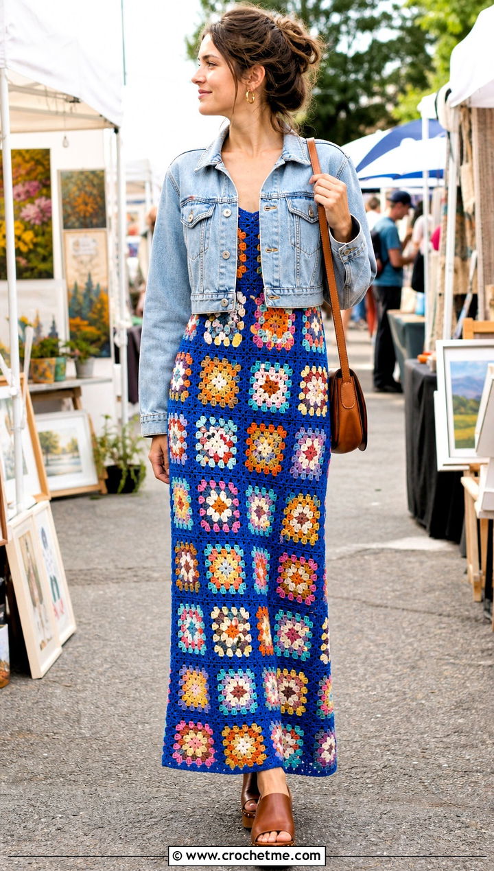 Granny Square Crochet Maxi Dress With Denim Jacket - 25 boho crochet dress outfit ideas