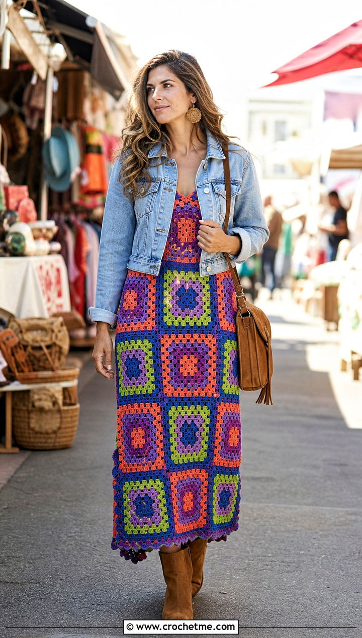 Granny Square Crochet Maxi Dress With Denim Jacket - 15 Boho Hippie Crochet Dress outfit ideas