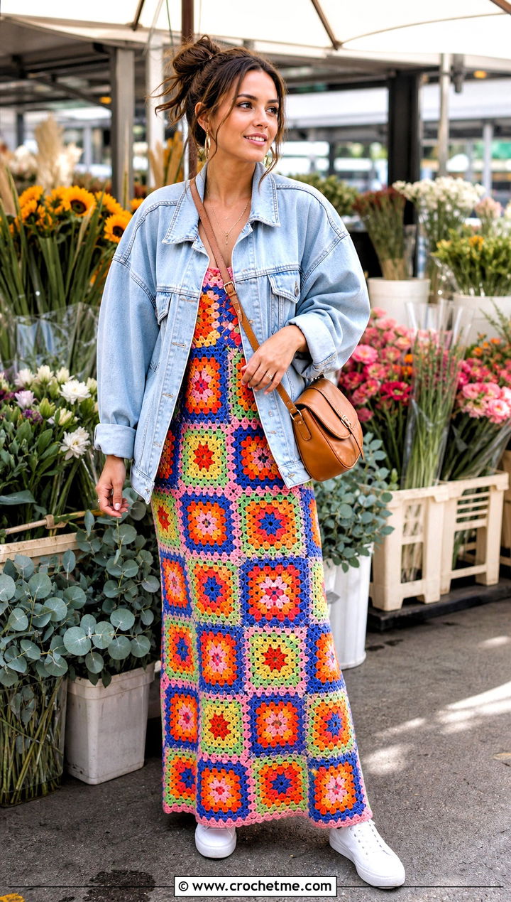 Granny Square Crochet Maxi Dress With Denim Jacket - 15 colorful crochet dress on hanger outfit ideas