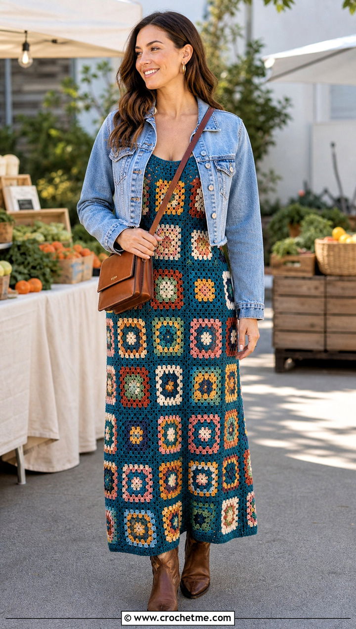 Granny Square Crochet Maxi Dress With Denim Jacket - 15 Rustic Crochet Dress Design outfit ideas