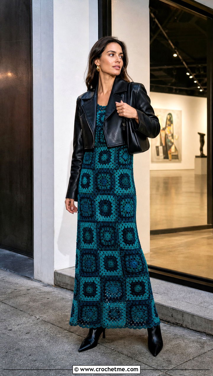 Granny Square Crochet Maxi Dress With Leather Jacket - 25 Granny Square Crochet Dress outfit ideas