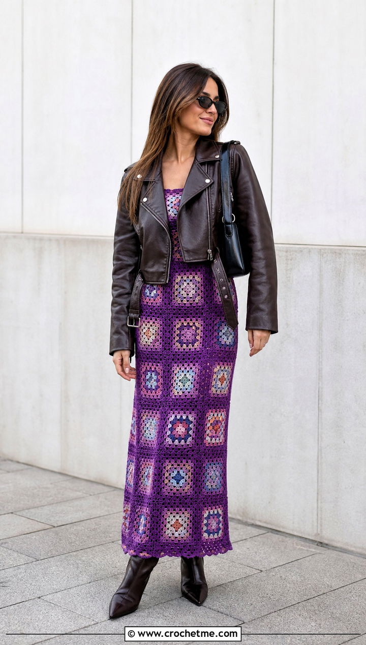 Granny Square Crochet Maxi Dress With Leather Jacket - 15 Spell Crochet Dress outfit ideas