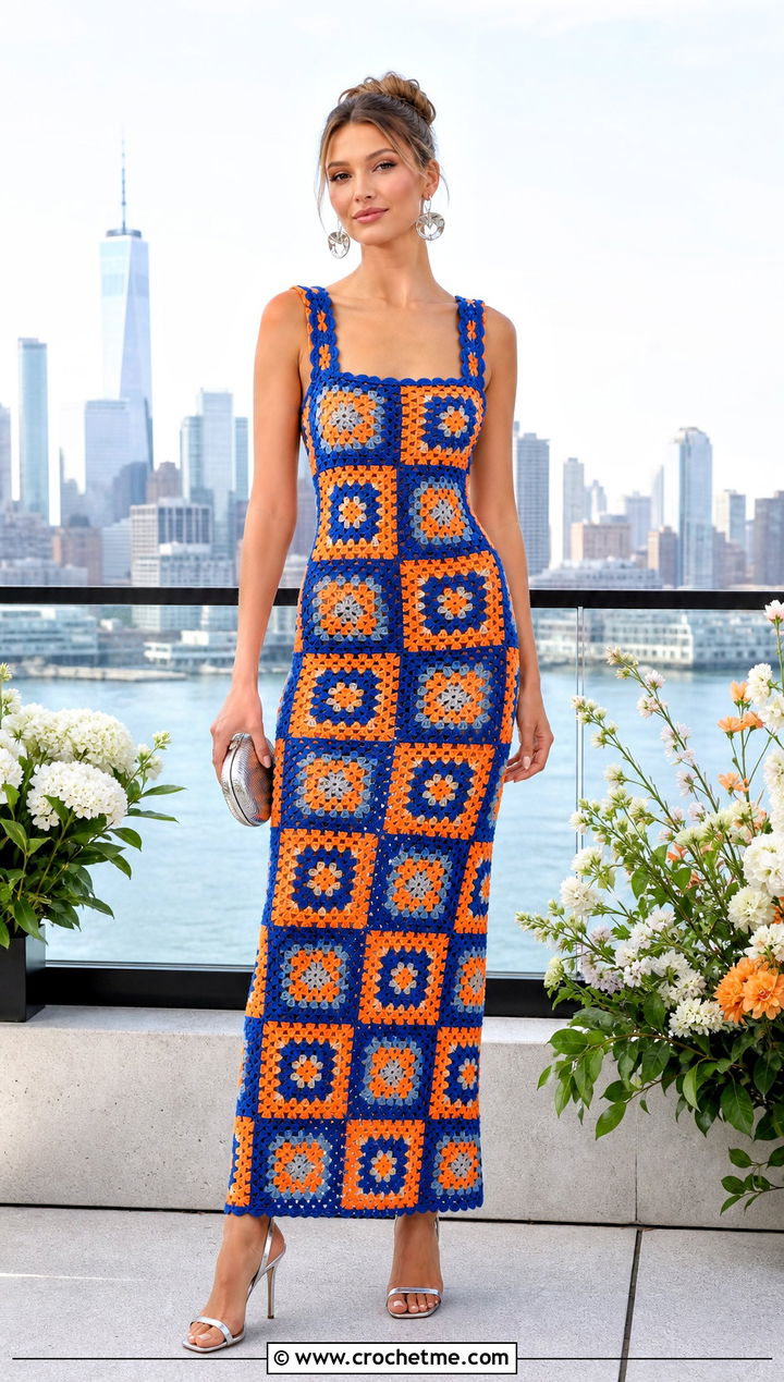 Granny Square Crochet Maxi Dress With Metallic Heels - 30 fancy crochet dress outfit ideas