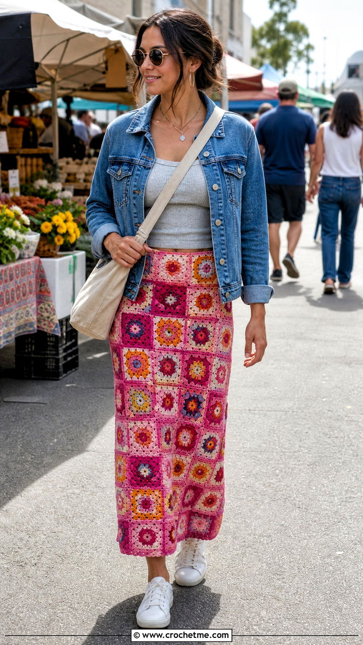 Granny Square Crochet Maxi Skirt With Denim Jacket - 35 crochet flowy skirt outfit ideas