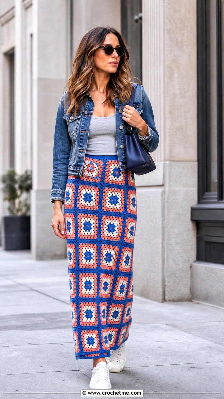 Granny Square Crochet Maxi Skirt With Denim Jacket - 35 crochet maxi skirt outfit ideas