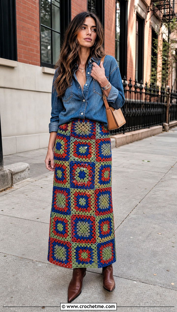 Granny Square Crochet Maxi Skirt With Denim Shirt - 35 long crochet skirt outfit ideas