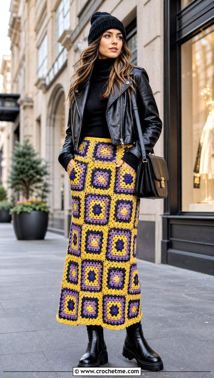 Granny Square Crochet Maxi Skirt With Leather Jacket - 35 crochet winter skirt outfit ideas