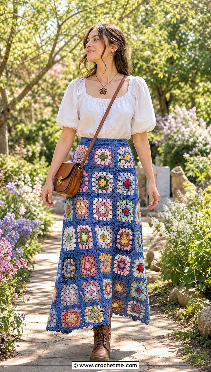 Granny Square Crochet Maxi Skirt With Puff Sleeve Blouse - 15 Crochet Skirt Fairycore outfit ideas