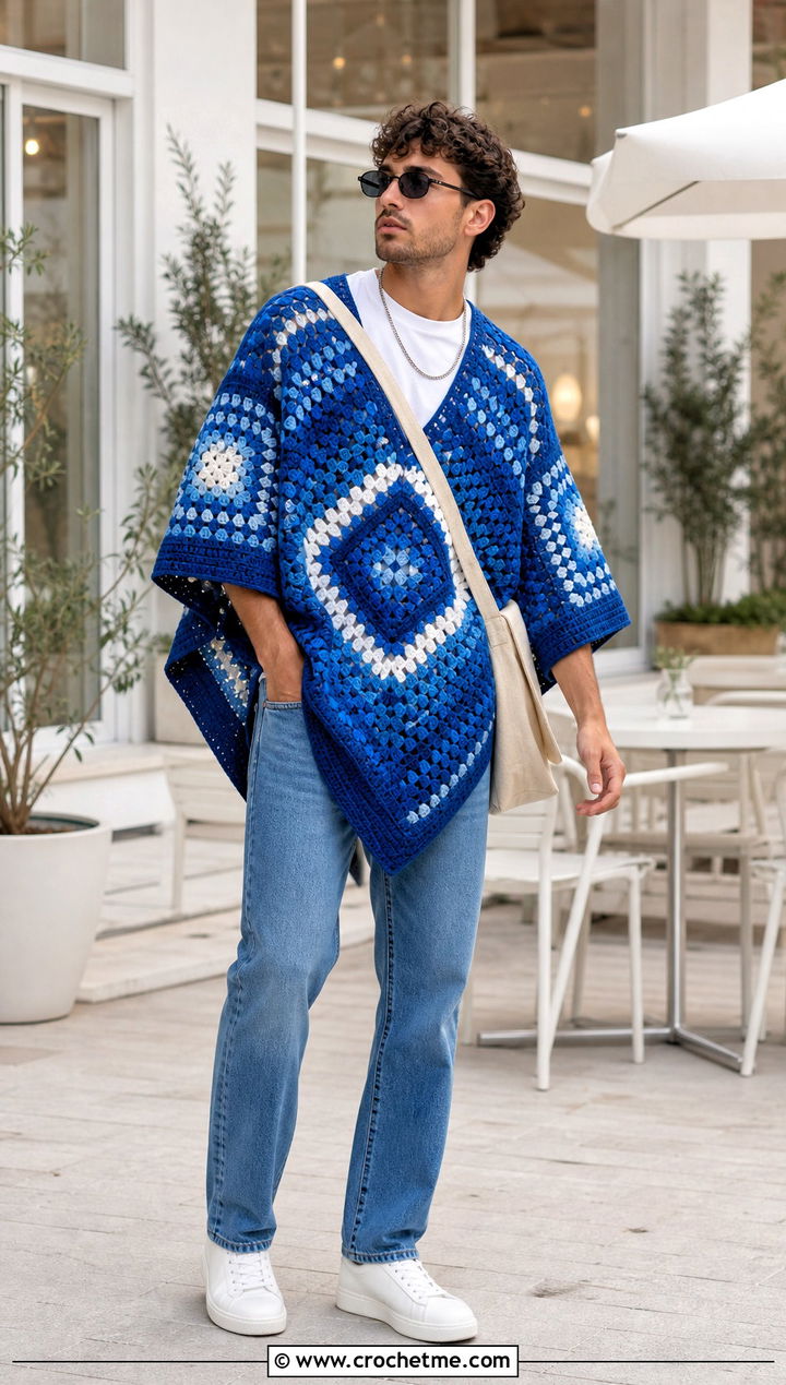 Granny Square Crochet Mens Poncho With Straight Jeans - 25 crochet men's poncho outfit ideas