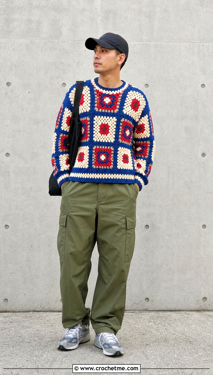 Granny Square Crochet Mens Pullover With Cargo Pants - 15 crochet mens pullover outfit ideas