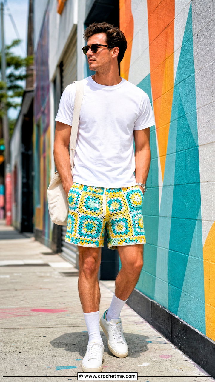 Granny Square Crochet Mens Shorts With White T Shirt - 35 Crochet Mens Shorts outfit ideas