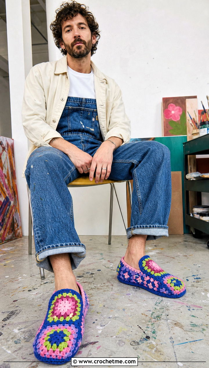 Granny Square Crochet Mens Slippers With Denim Overalls - 15 Easy Crochet Mens Slippers outfit ideas