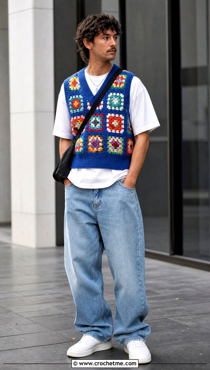 Granny Square Crochet Mens Sweater Vest With Baggy Jeans - 25 crochet mens sweater vest outfit ideas
