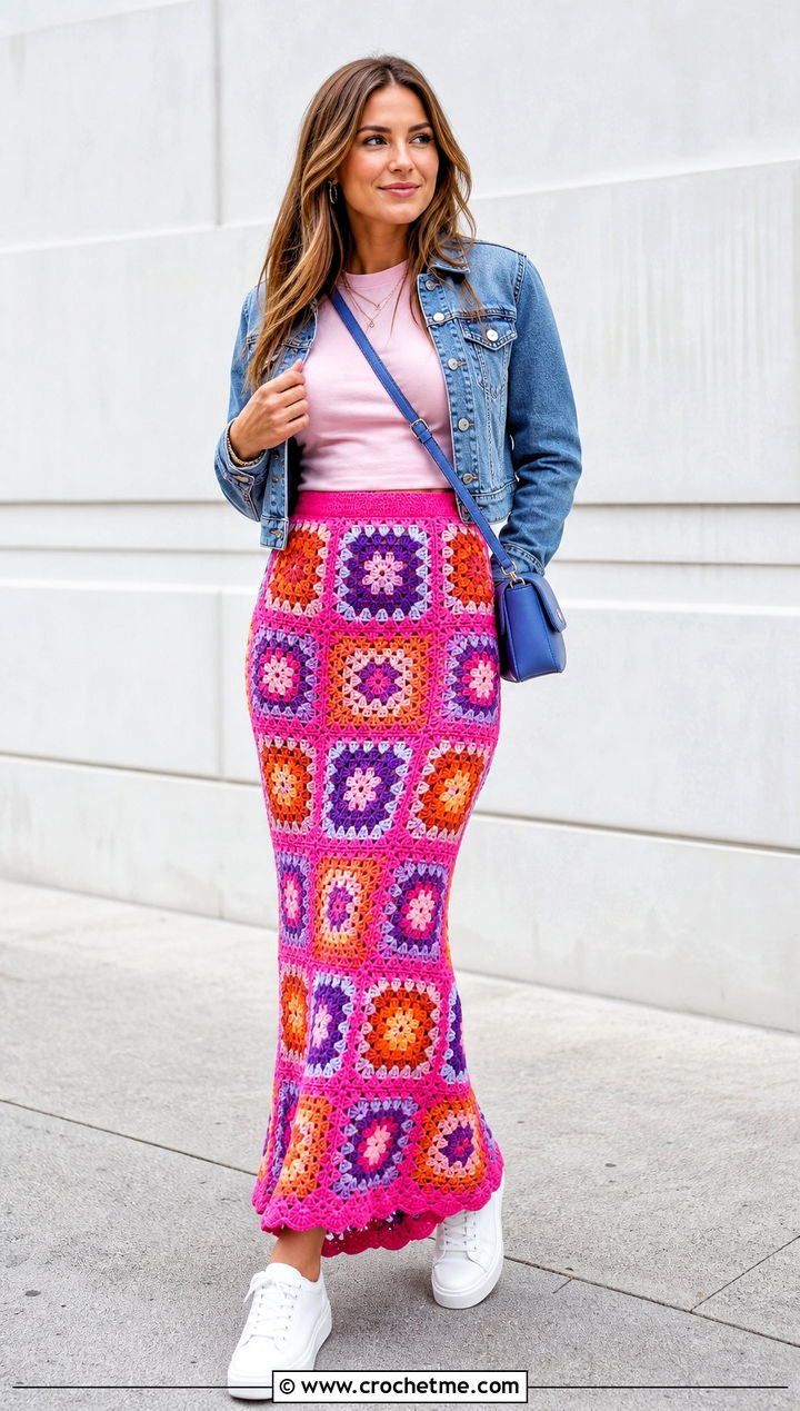 Granny Square Crochet Mermaid Skirt With Fitted T Shirt - 35 crochet mermaid skirt outfit ideas