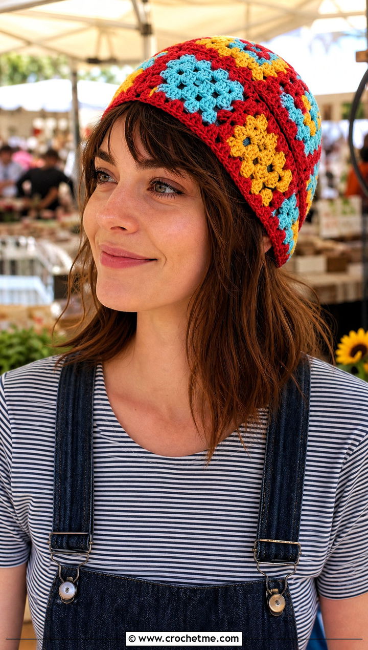 Granny Square Crochet Mesh Beanie With Overalls - 25 crochet mesh beanie outfit ideas