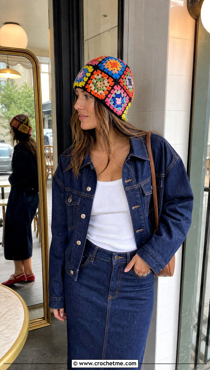 Granny Square Crochet Mesh Cap With Denim Jacket And Skirt - 30 Crochet Mesh Cap outfit ideas