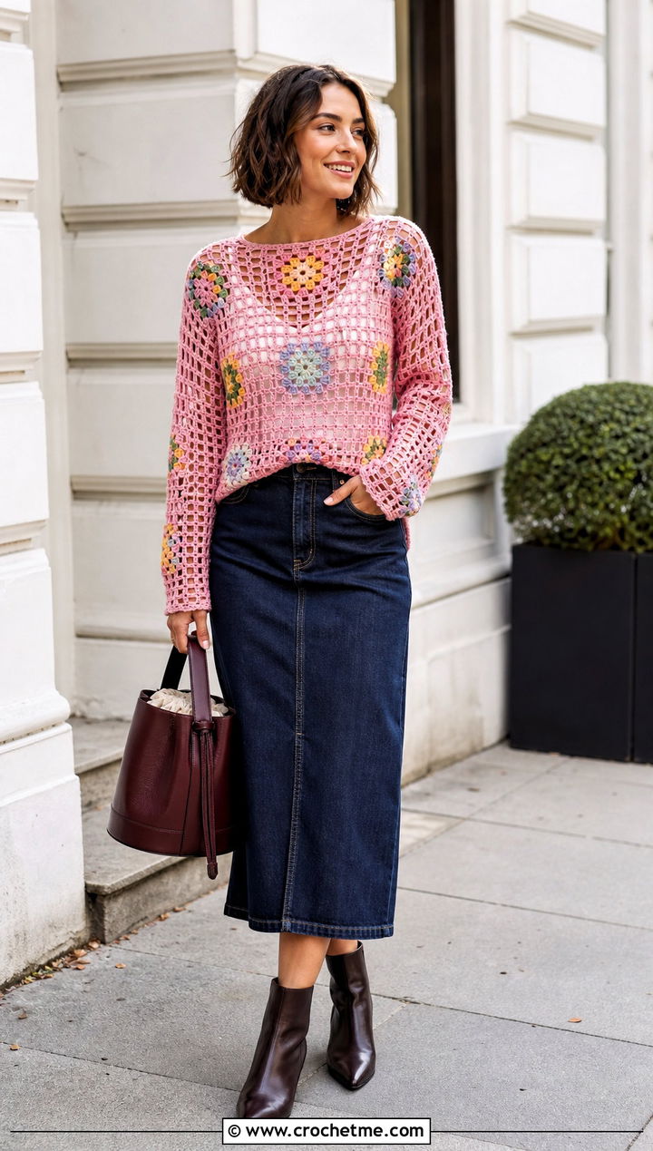 Granny Square Crochet Mesh Jumper With Denim Midi Skirt - 30 crochet mesh jumper outfit ideas