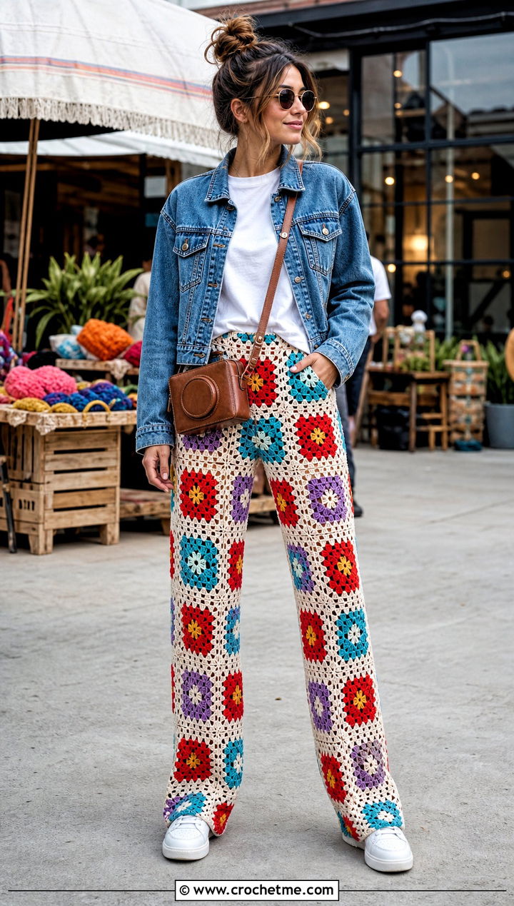 Granny Square Crochet Mesh Pants With Denim Jacket - 35 crochet mesh pants outfit ideas