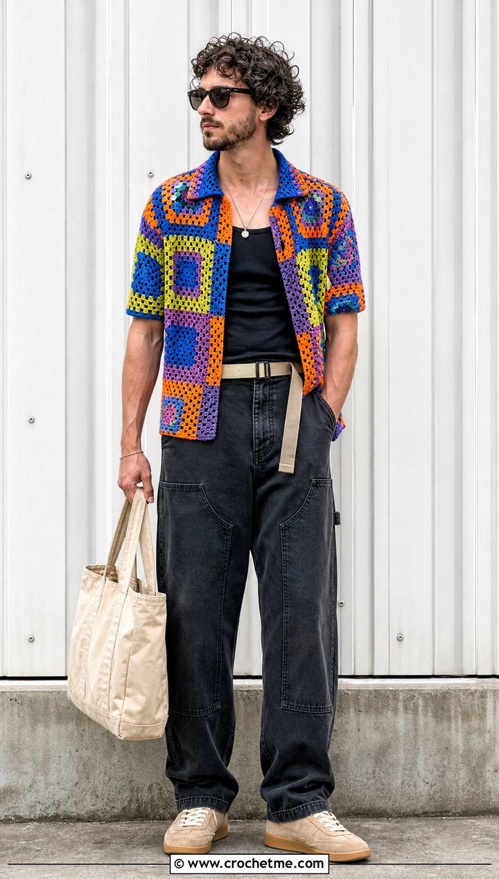 Granny Square Crochet Mesh Shirt With Carpenter Pants - 25 Men Crochet Mesh Shirt outfit ideas