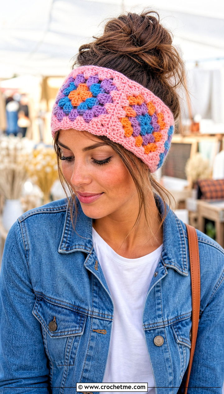 Granny Square Crochet Messy Bun Ear Warmer With Denim Outfit - 20 Crochet Messy Bun Ear Warmer outfit ideas