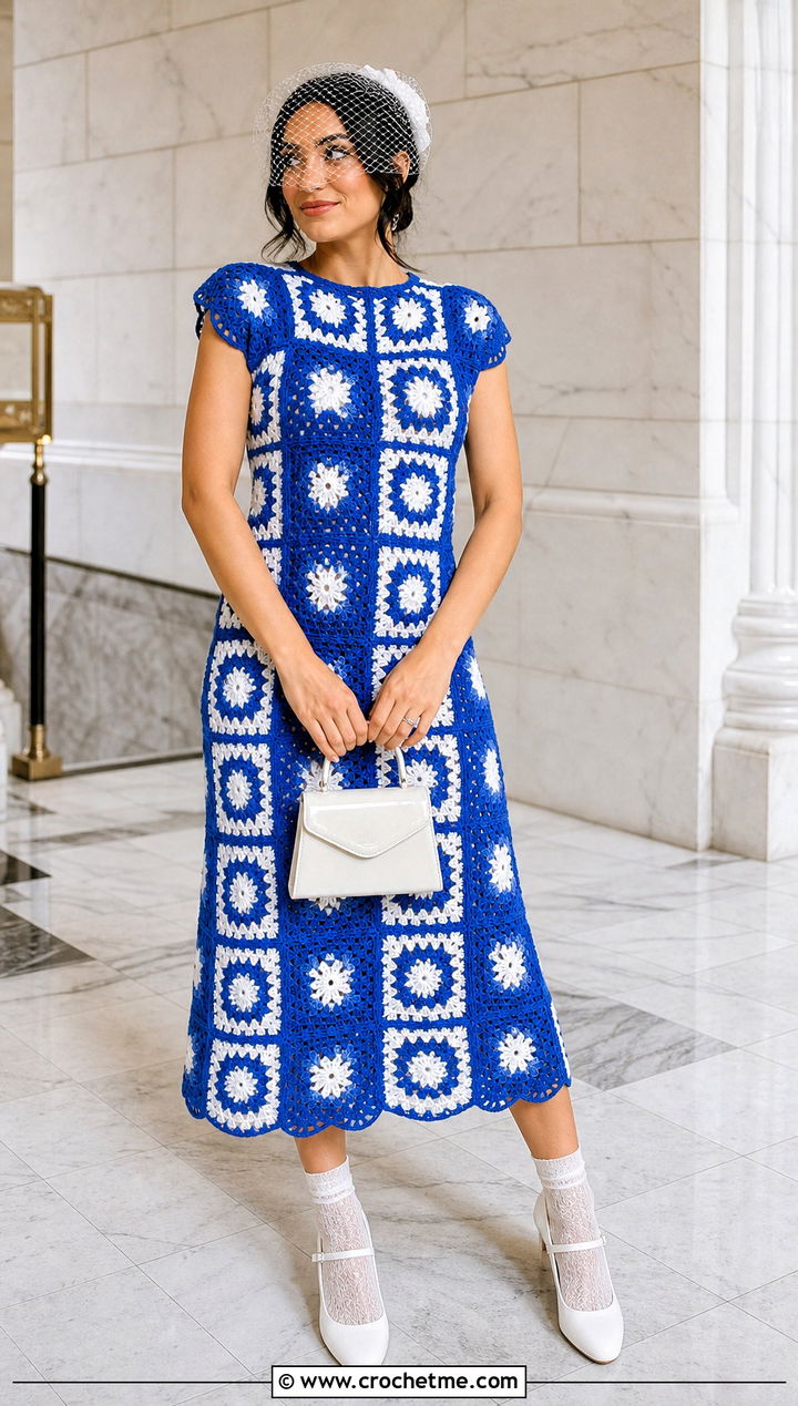 Granny Square Crochet Midi Bridal Dress With Mary Janes - 30 crochet bridal dress outfit ideas