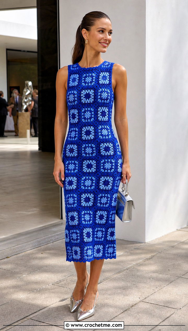 Granny Square Crochet Midi Bridesmaid Dress With Slingback Pumps - 30 Crochet Bridesmaid Dress outfit ideas