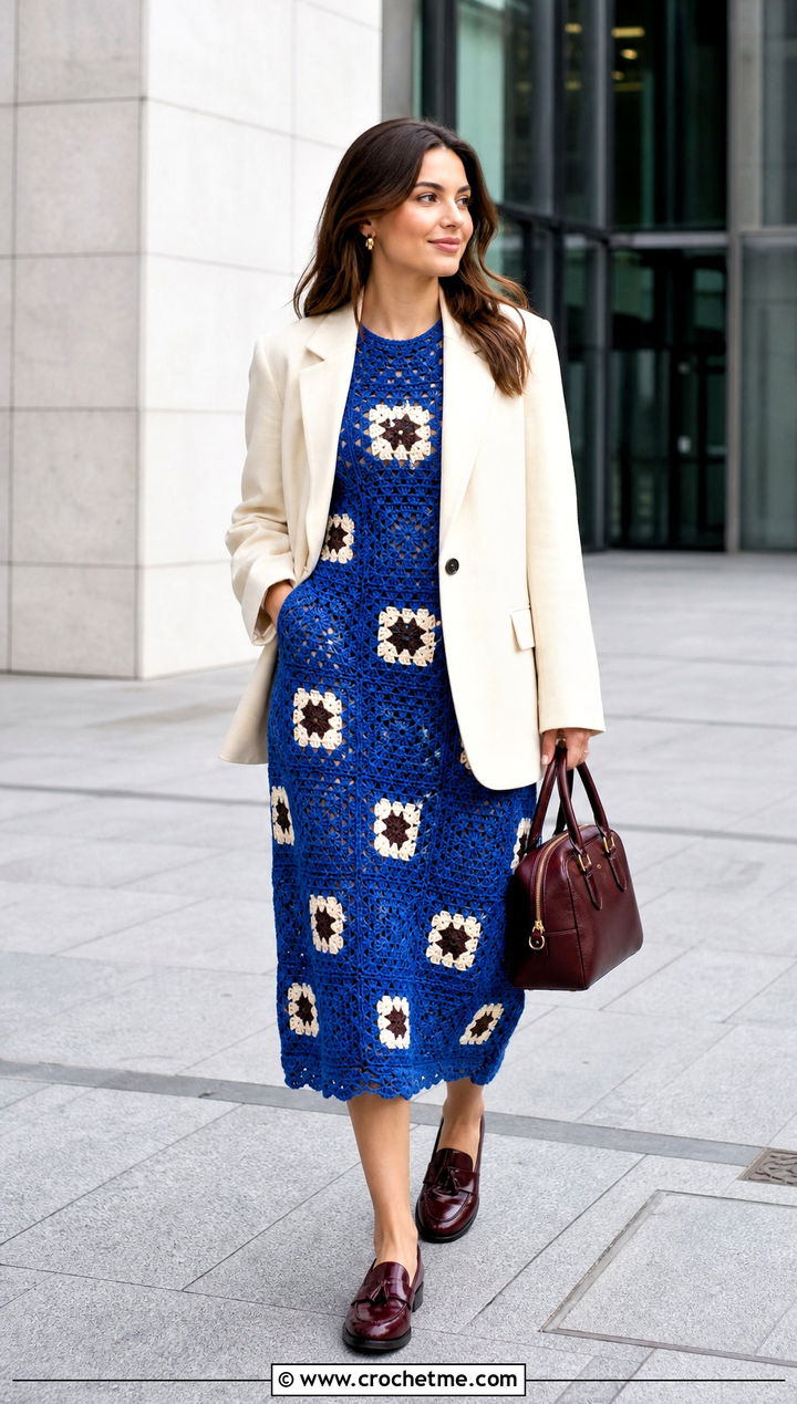 Granny Square Crochet Midi Dress With Blazer - 25 Granny Square Crochet Dress outfit ideas