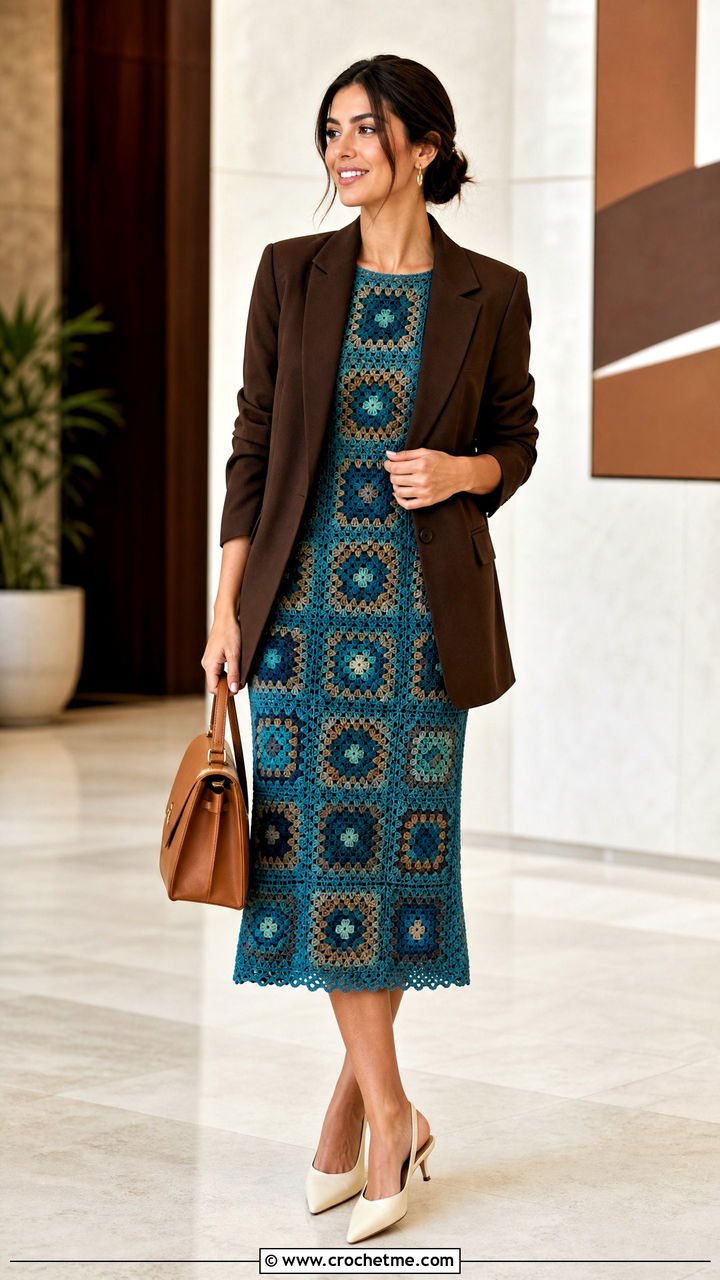 Granny Square Crochet Midi Dress With Blazer - 35 granny square crochet clothes and outfit ideas
