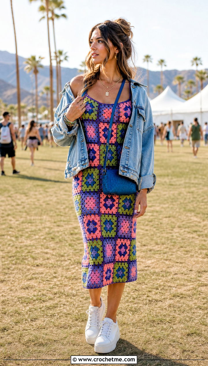 Granny Square Crochet Midi Dress With Denim Jacket - 20 Beyonce Crochet Dress outfit ideas