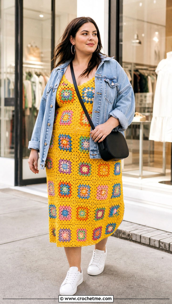Granny Square Crochet Midi Dress With Denim Jacket - 15 plus size crochet dress outfit ideas