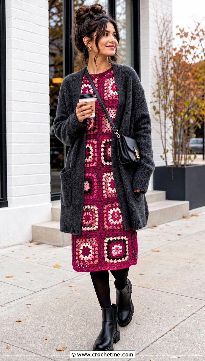 Granny Square Crochet Midi Dress With Oversized Cardigan - 25 Granny Square Crochet Dress outfit ideas