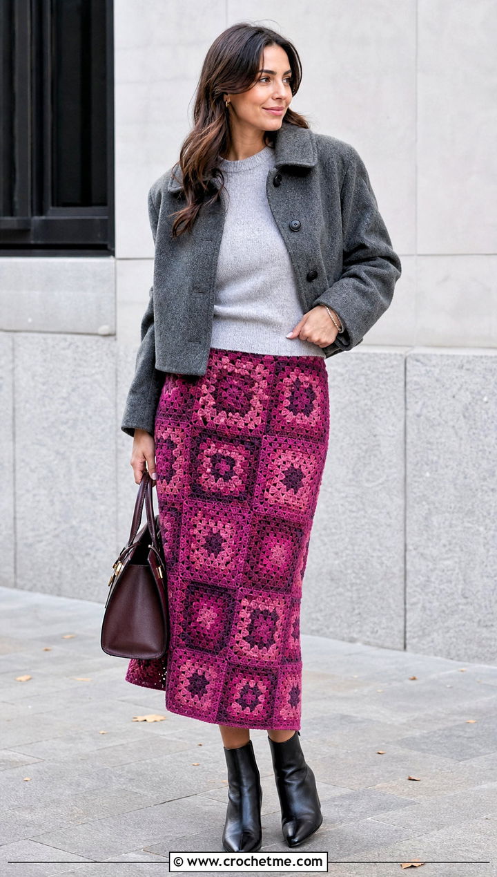 Granny Square Crochet Midi Skirt With Crewneck Sweater - 30 Fall Crochet Clothes Ideas