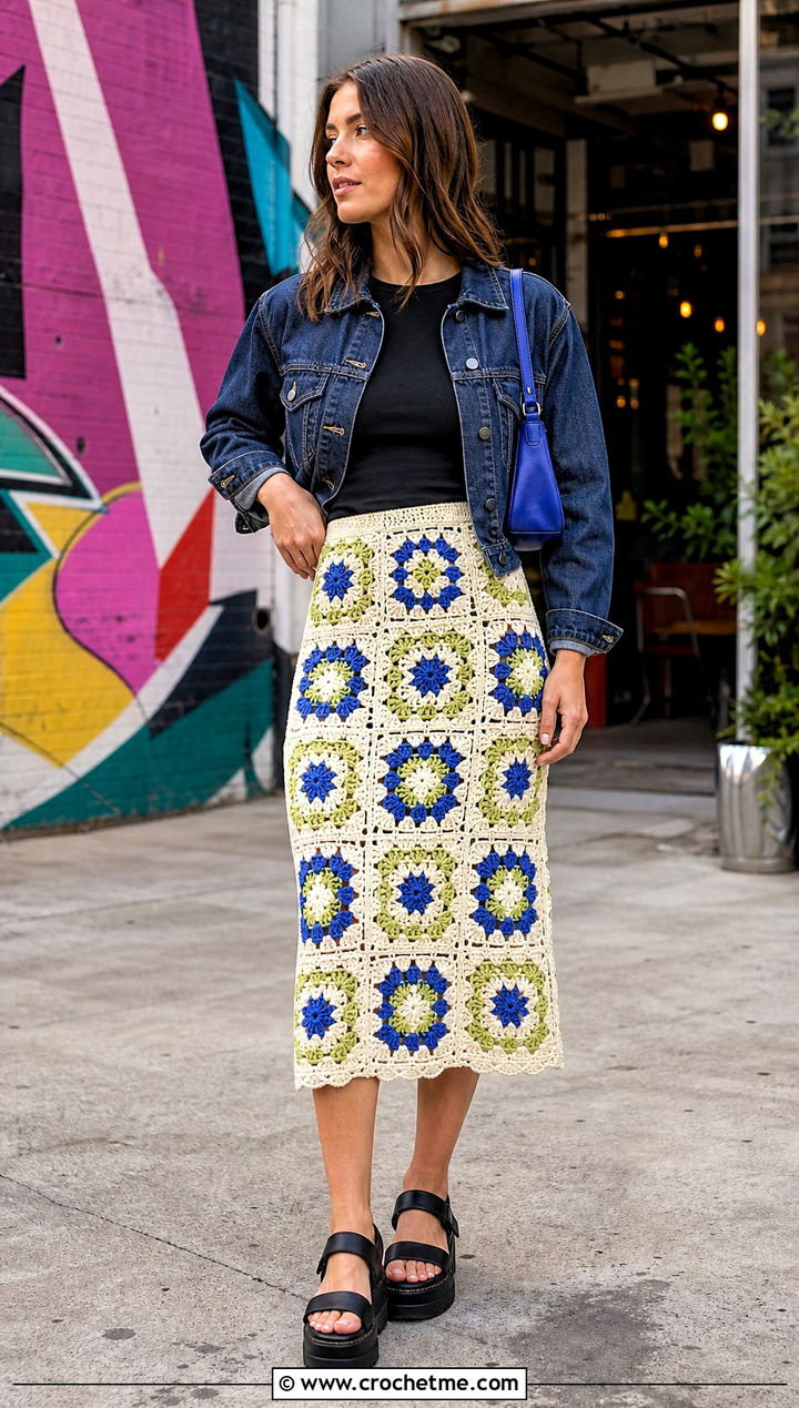 Granny Square Crochet Midi Skirt With Denim Jacket - 25 Easy Clothes To Crochet For Beginners outfit ideas