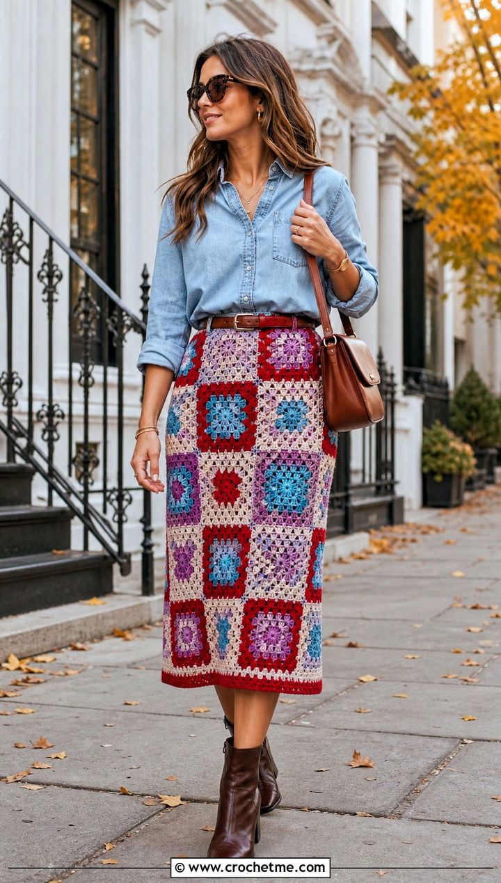 Granny Square Crochet Midi Skirt With Denim Shirt - 30 crochet clothing ideas