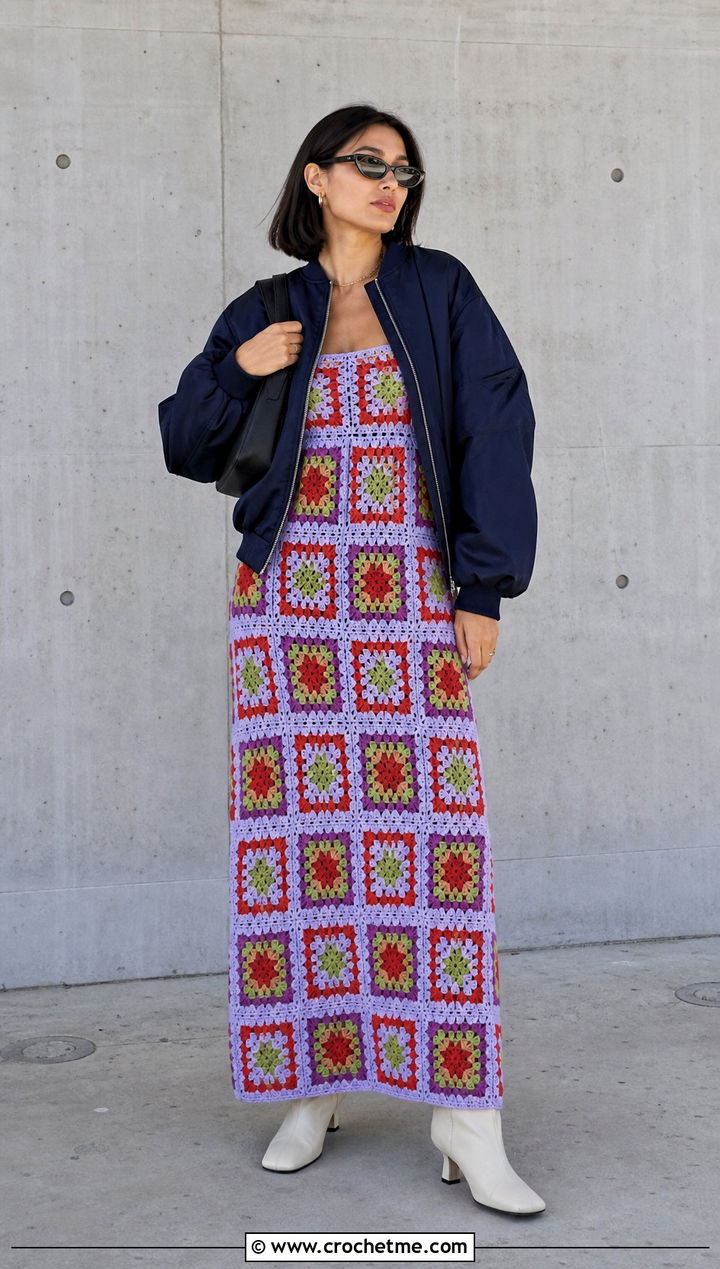 Granny Square Crochet Milkmaid Dress With Bomber Jacket - 30 crochet milkmaid dress outfit ideas